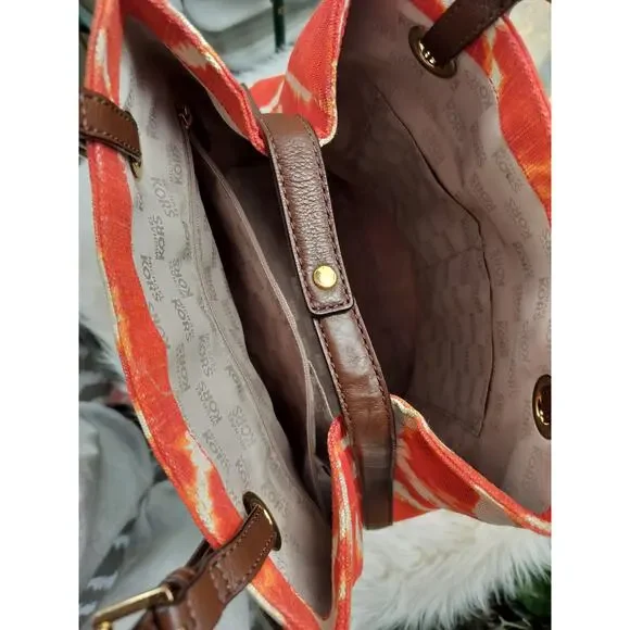 5207) Michael Kors Jet Set Tie Die Persimmon Orange Canvas Tote Leather Handle - Picture 5 of 9